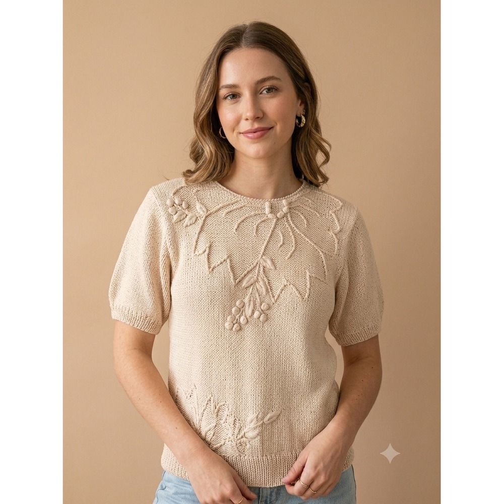 Shanghai China Knit Sweater Handmade Women S Beige Good Floral Cotton Vintage